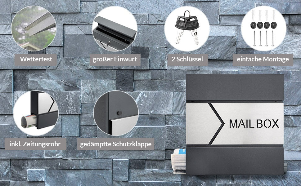 Wandbriefkasten Mit Zeitungsfach, Anthrazit/silber