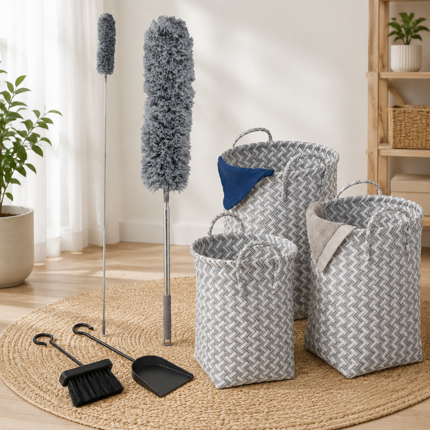 Reinigungsset Für Den Kamin Aus Gewebtem Material (3-teilig) – 3-teiliges Wäschekorb-set, Aschebesen Und Teleskop-staubwedel
