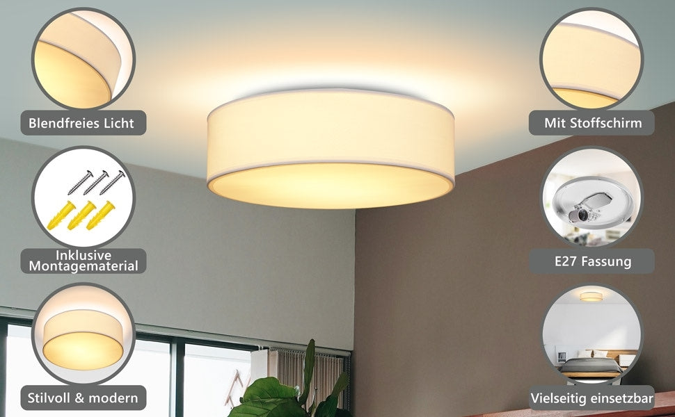 Deckenleuchte 30 Cm, Weiß, E27-fassung, Einfache Montage, Blendfreies Licht