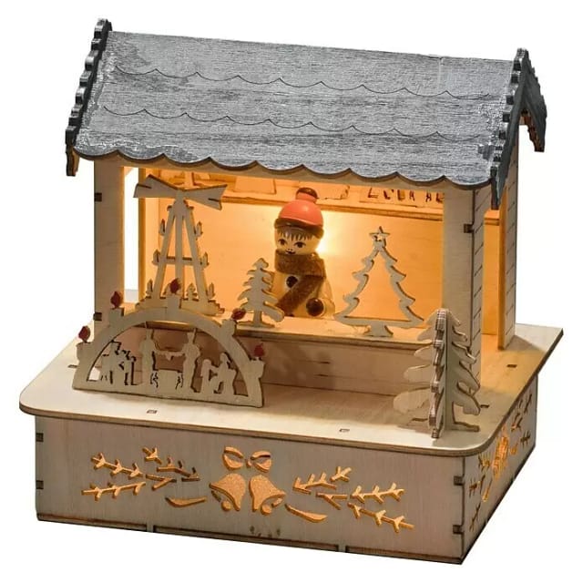 Konstsmide LED Holzsilhouette Marktstand Naturfarben graues Dach