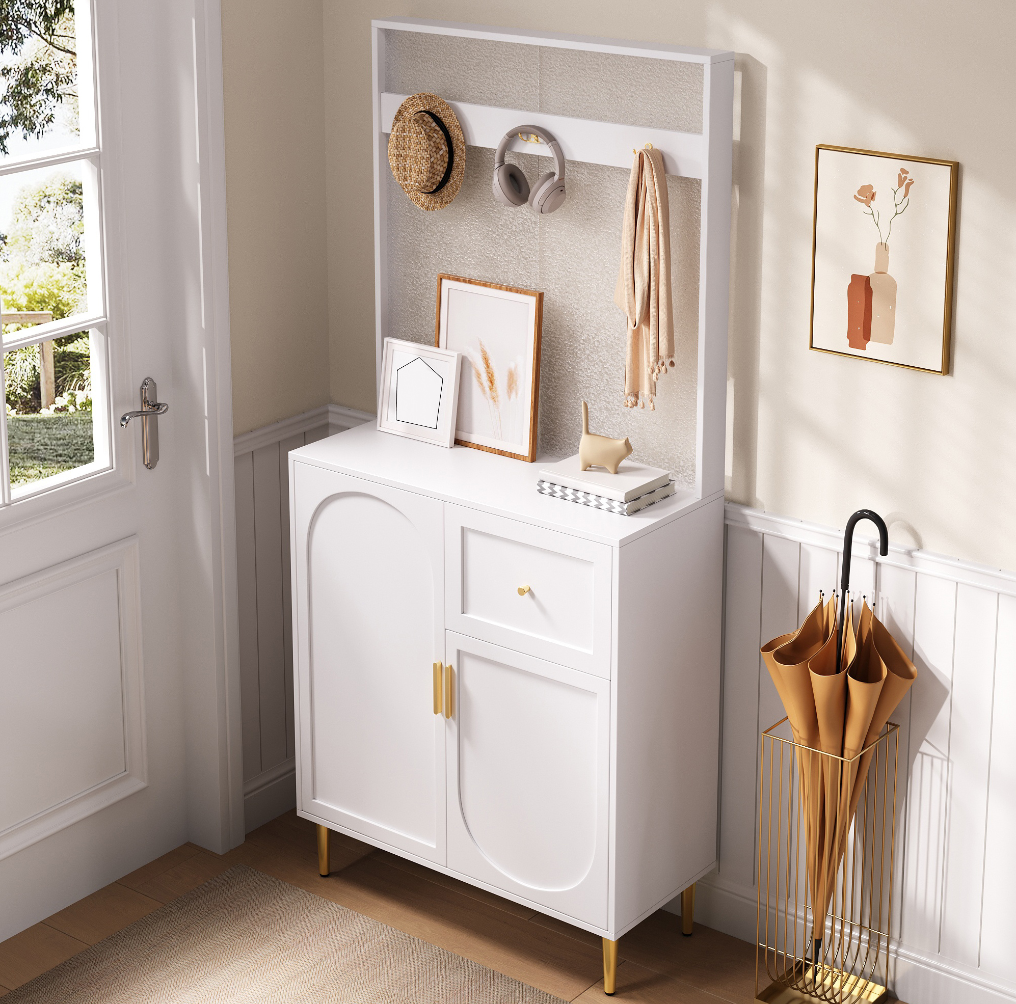 Kompaktgarderobe 80x35x175.5 Cm Weiß/gold Mdf Mit Verstellbaren Böden Und Soft-close