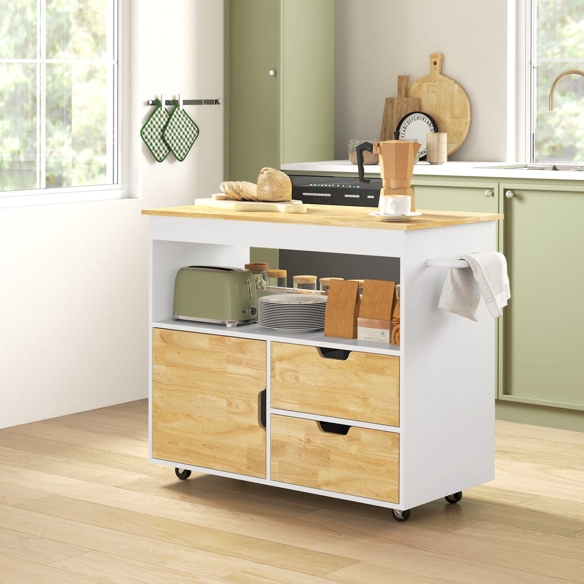 Küchenwagen 107x50x85 Cm Eiche Holz Mit Arbeitsplatte, Schubladen, Schrank Und Rollen