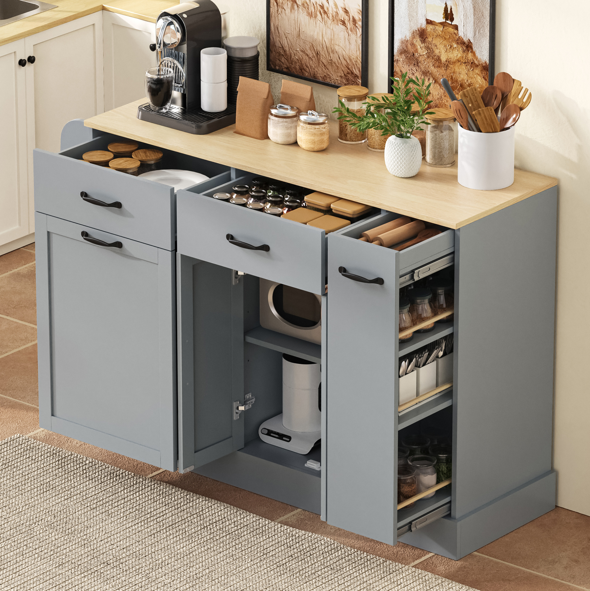 Sideboard 133.5x40x86 Cm Grau Mdf Mit Gewürzregal Und Mülleimerfach