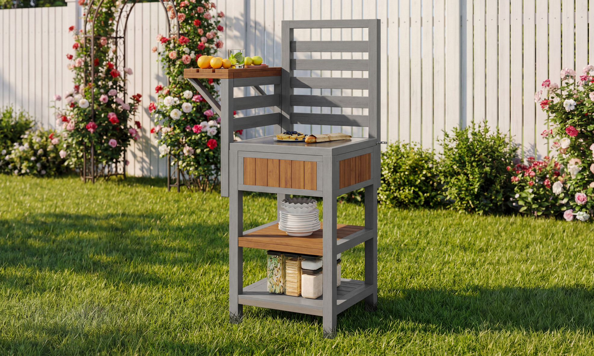 Gartenschrank 74x54x149 Cm Naturfarben Massivholz Mit Edelstahl-arbeitsplatte Und Doppellagigem Regal