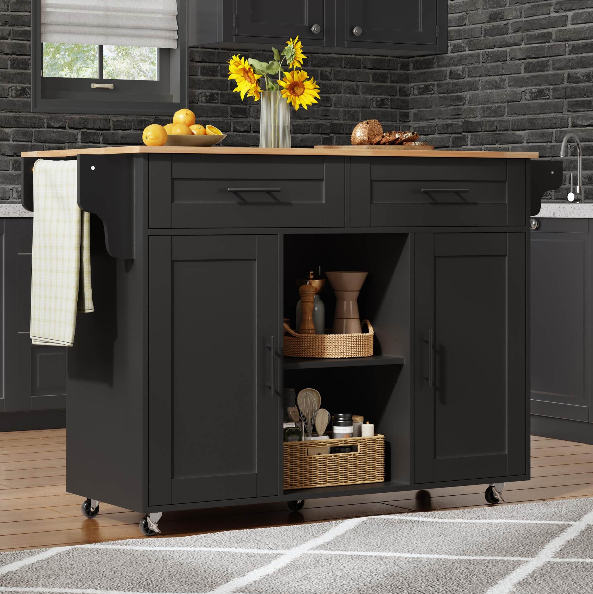 Kücheninsel 145x70x94.5 Cm Schwarz Mdf Mit Ausziehbarer Platte, Rollen Und Verstellbaren Fächern