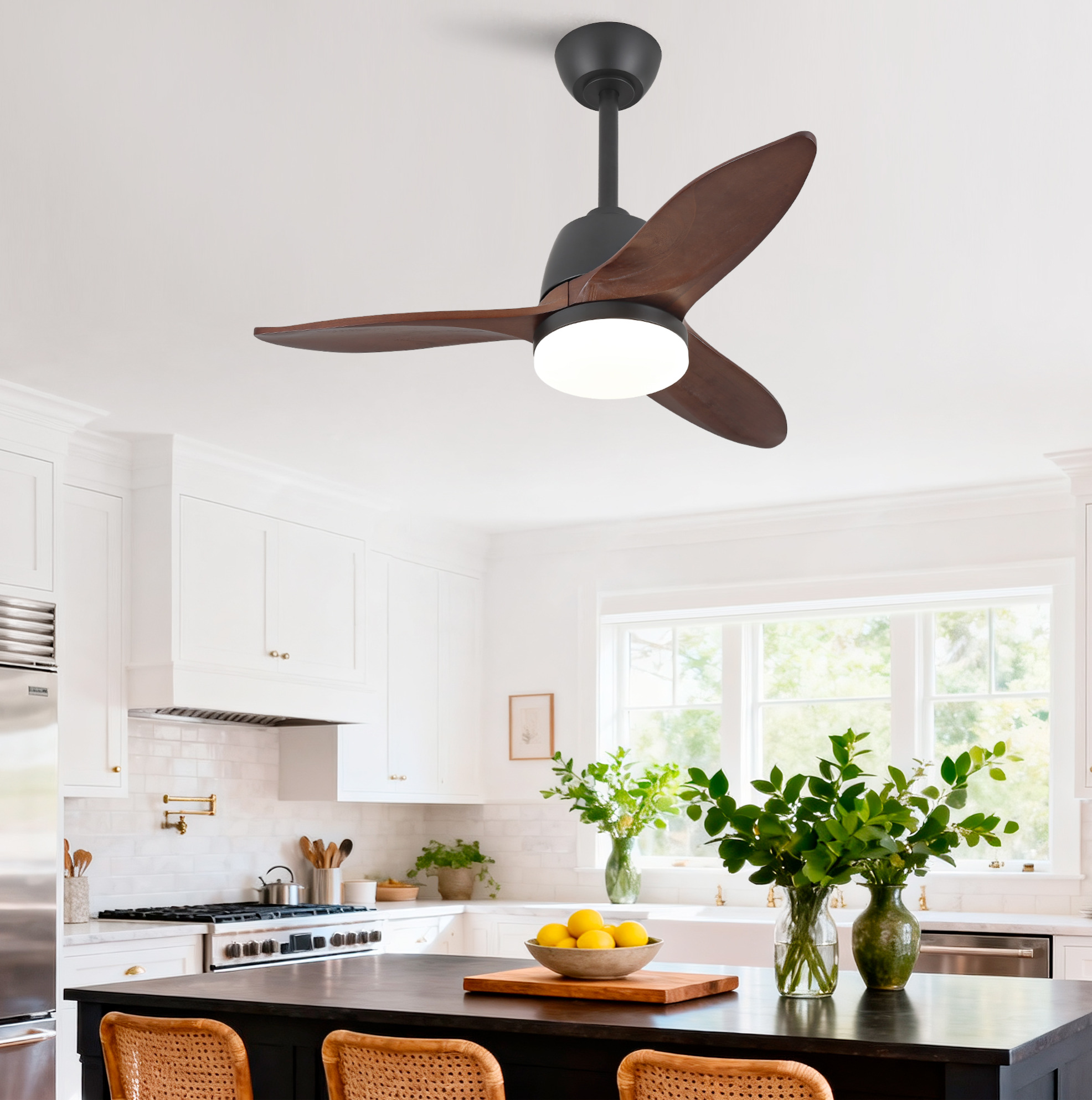Deckenventilator 91.4x91.4x35 Cm Schwarz/dunkelnuss Massivholz Mit Led, Dimmbar, Dc-motor, Reversibel