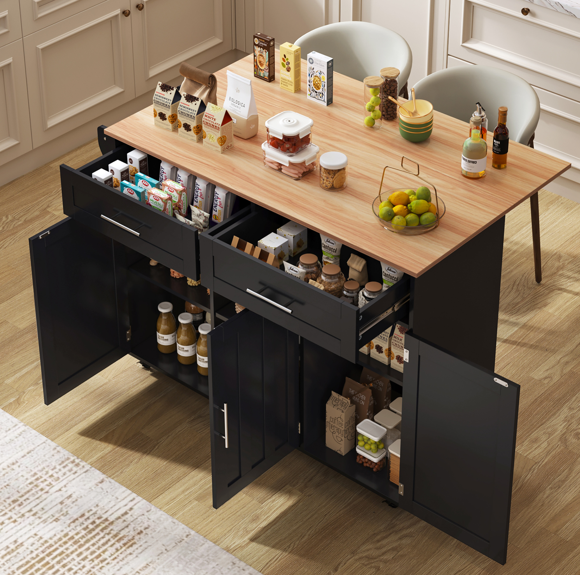 Kücheninsel 129x46x91.5 Cm Schwarz/natur Mdf Mit Klappbarer Platte, 5 Rädern, 2 Schubladen Und Verstellbaren Regalen