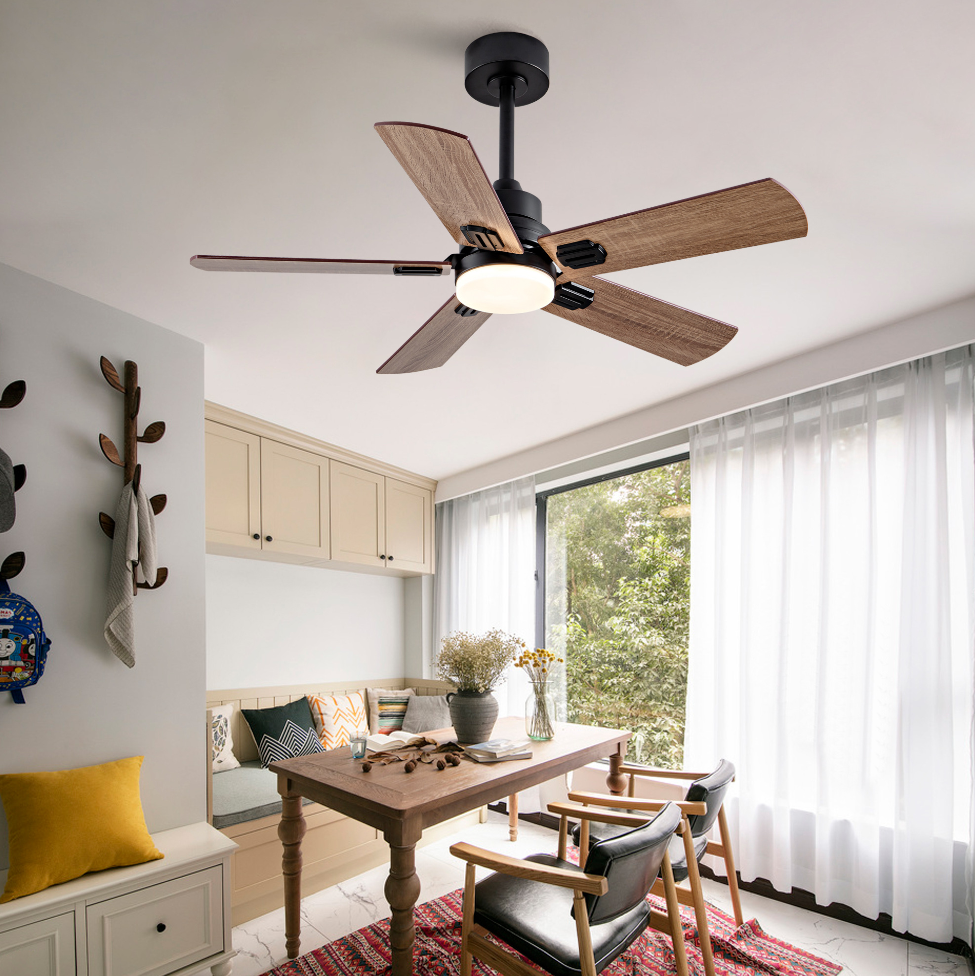 Deckenventilator Mit Led 106.7x106.7 Cm Schwarz/dunkle Walnuss Aus Metall Und Holz Mit Fernbedienung, 6 Stufen