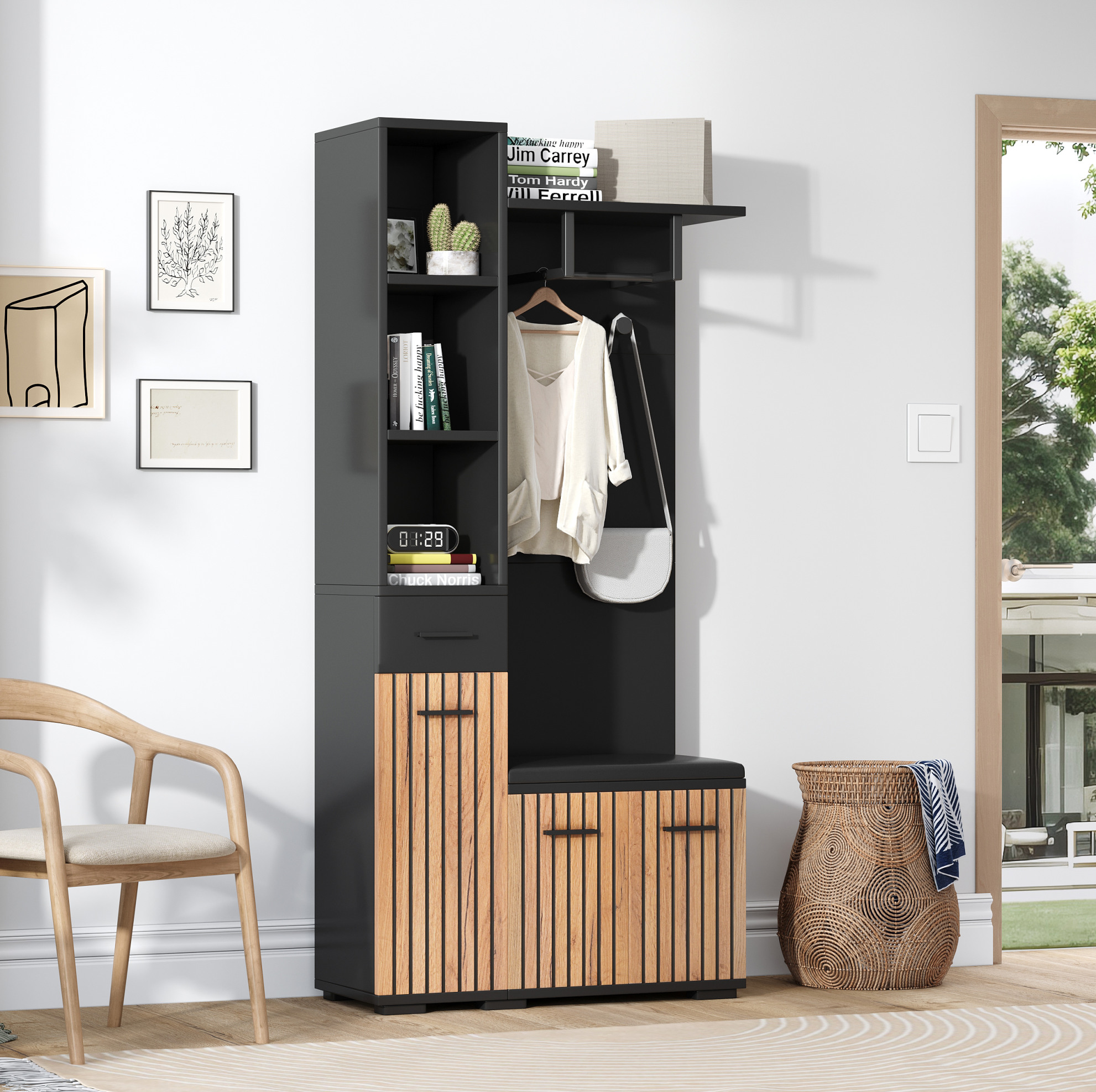 Garderobenschrank 80x35x175 Cm Schwarz/natur In Spanplatte Mit Schuhbank, 2 Schränken, Schublade Und Haken