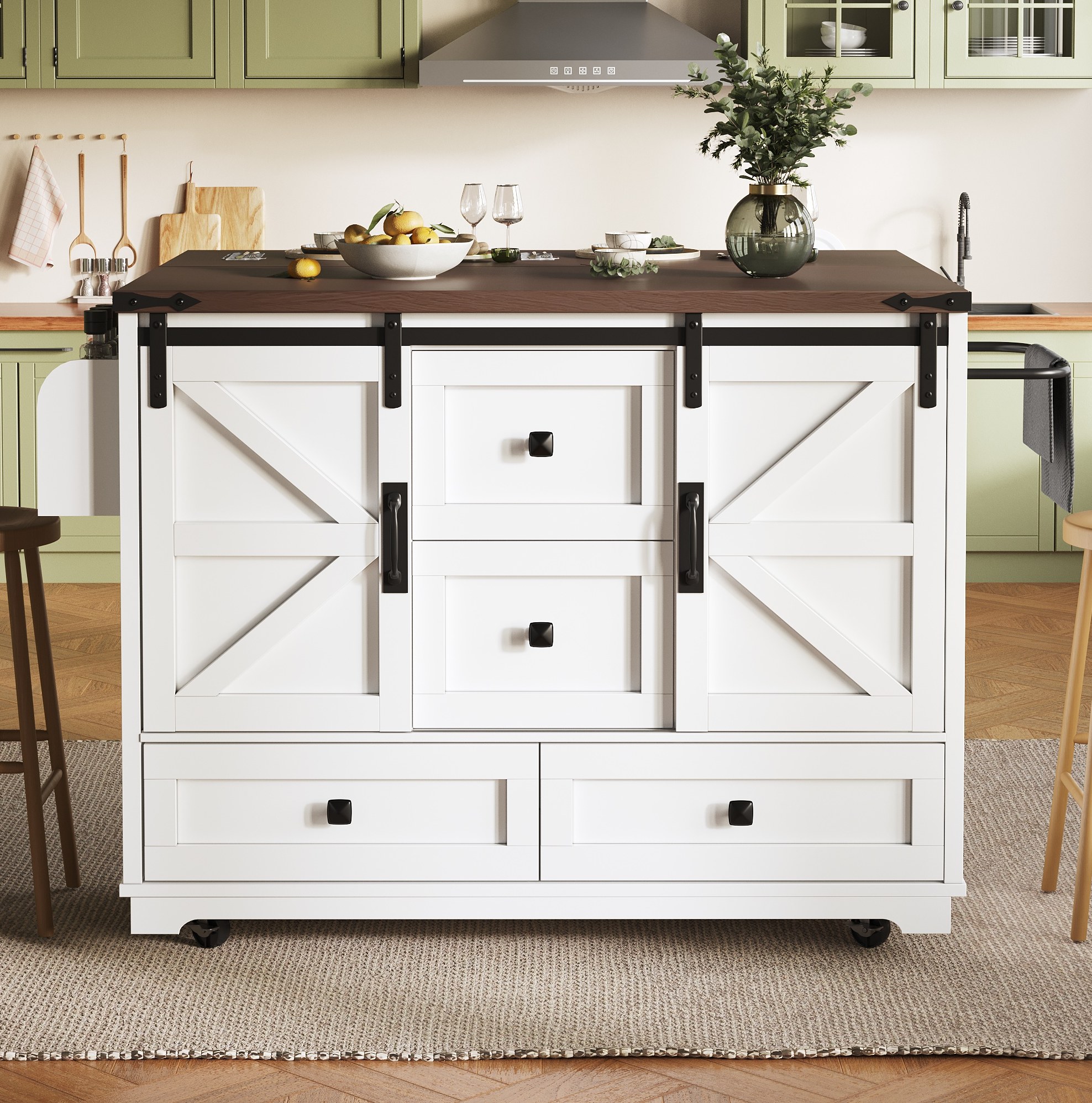 Desserte De Cuisine 142.5x73x92.5 Cm Blanche En Mdf Avec Plateau Rabattable Et Portes Coulissantes