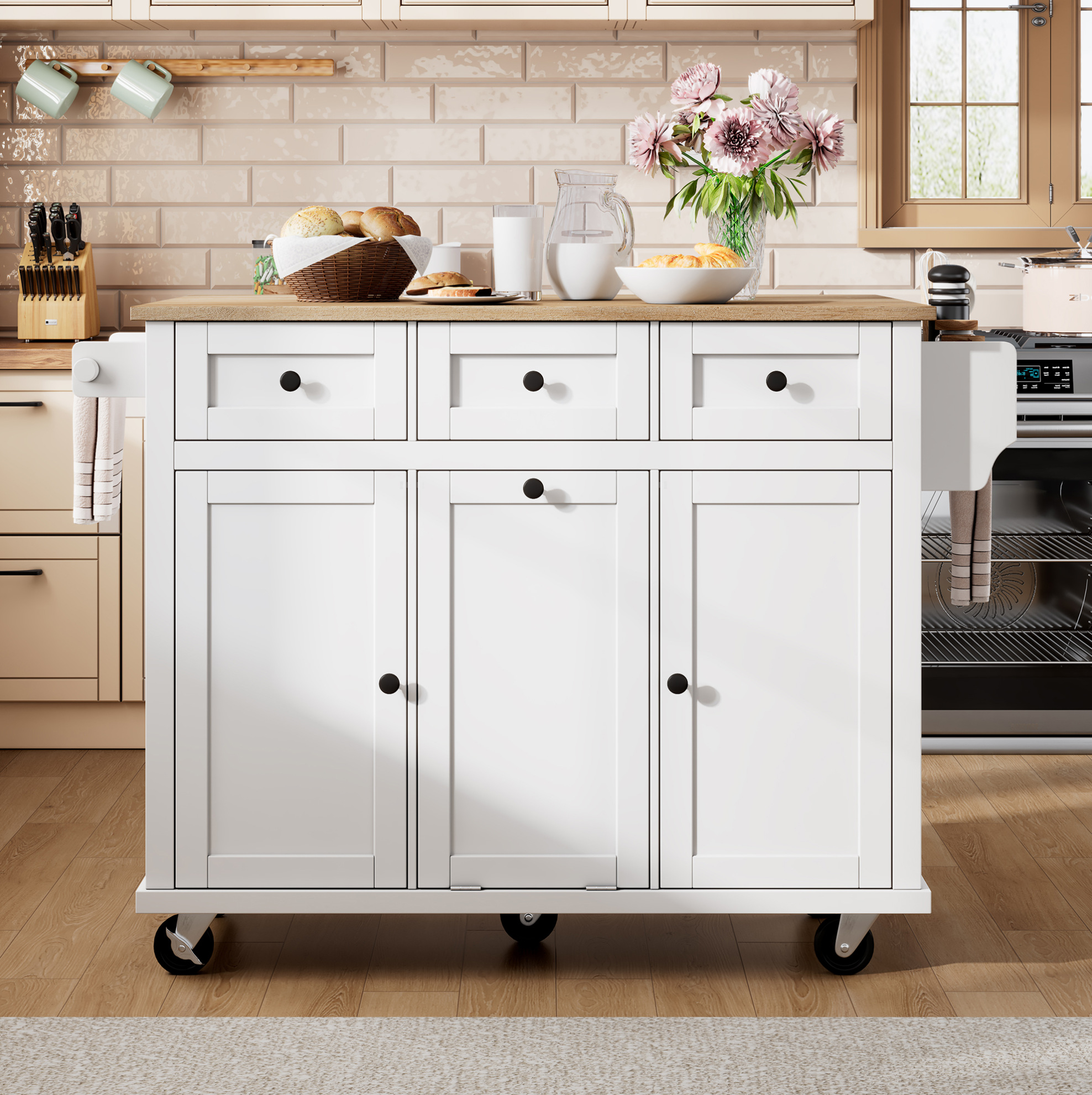 Kücheninsel 112x46.2x92.7 Cm Weiß/natur Aus Mdf Mit Rollen, Ausziehbarer Arbeitsplatte Und Mülleimerfach