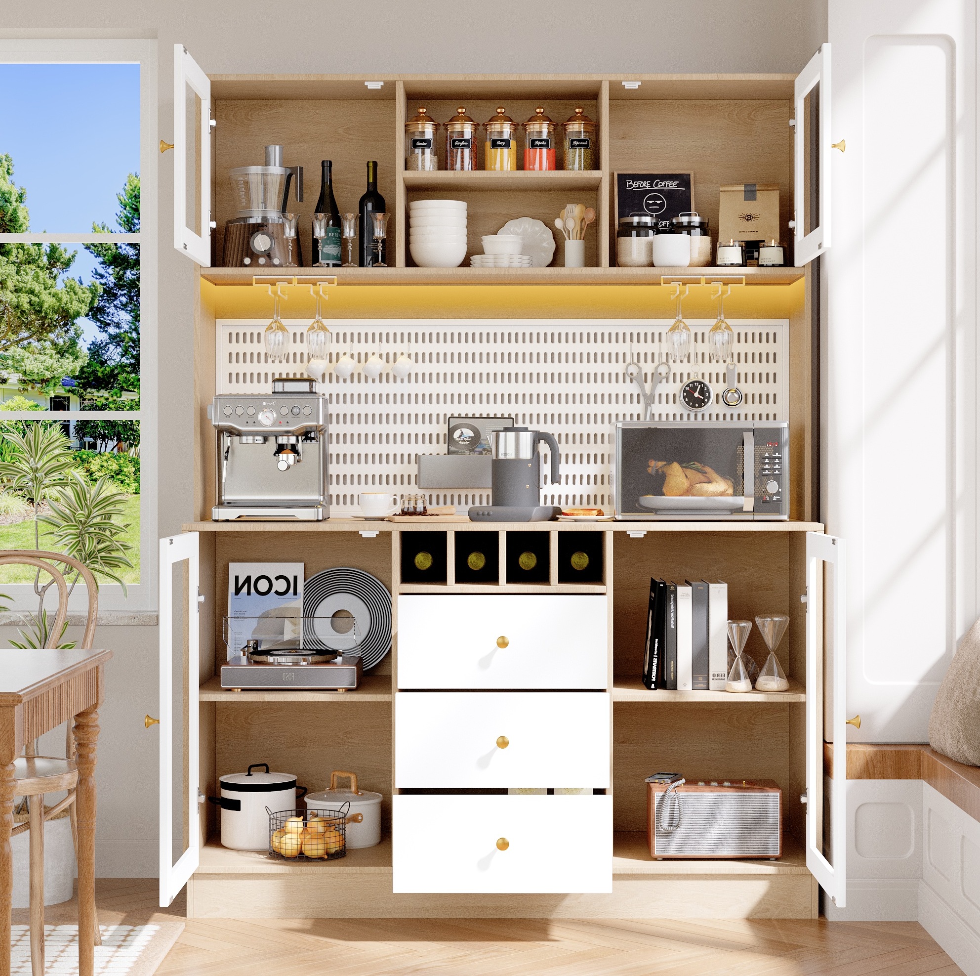 Hochschrank 140x40x185.7 Cm Weiß Mdf Und Glas Mit Led-beleuchtung, Weinregal Und Verstellbaren Einlegeböden