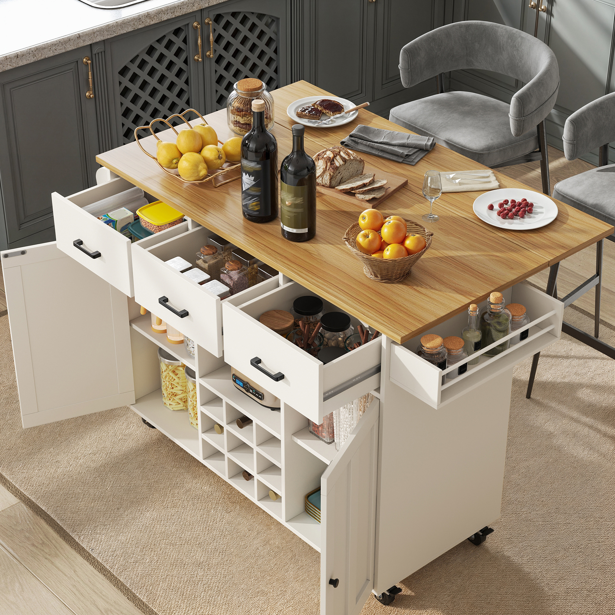 Küchenwagen 104x39.5x91.5 Cm Weiß Aus Mdf Mit Klappbarer Tischplatte, Stauraum Und Rollen