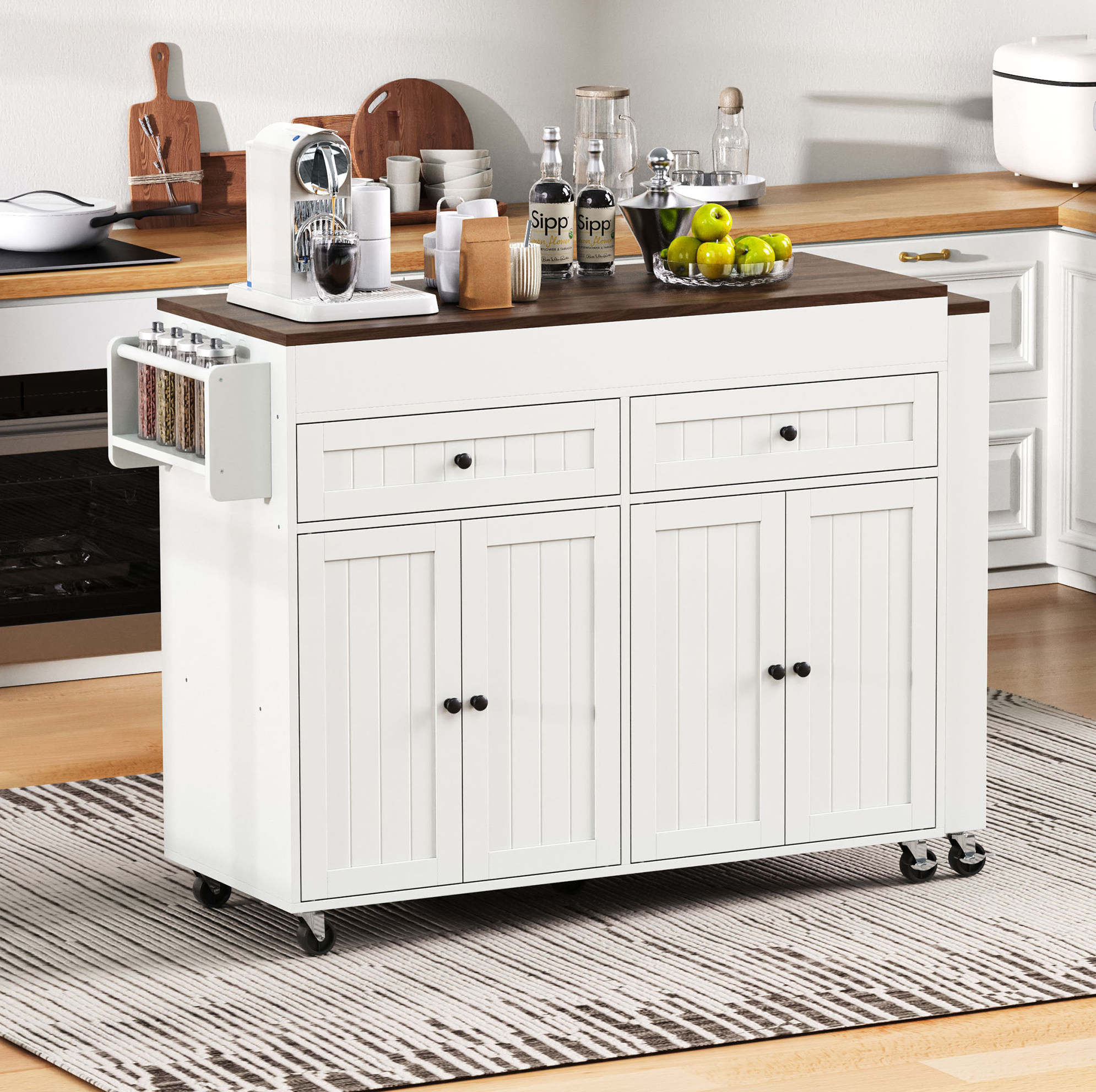Îlot De Cuisine 112-180.5x45x92.2 Cm Blanc Et Noyer En Mdf Avec Plateau Coulissant Et Roulettes