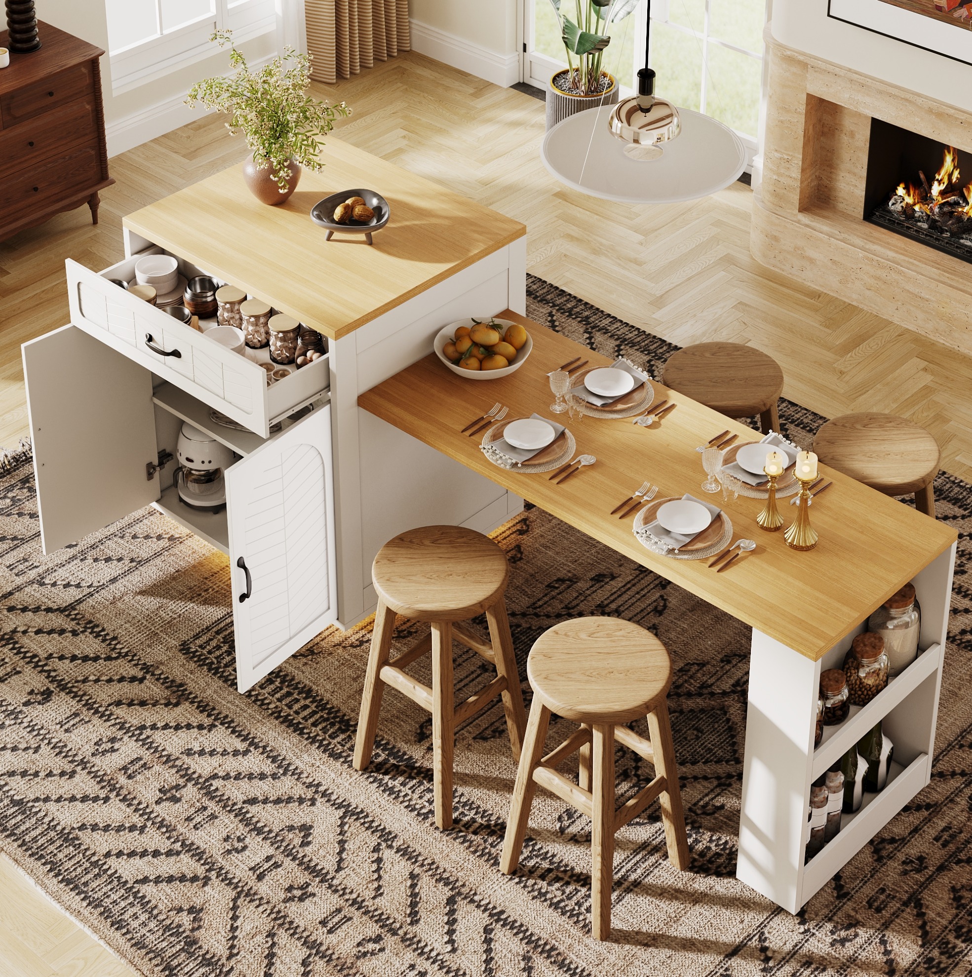 Kücheninsel 80x70x95.5 Cm Weiß Aus Mdf Und Metall Mit Ausziehtisch, Stauraum Und Weinregal