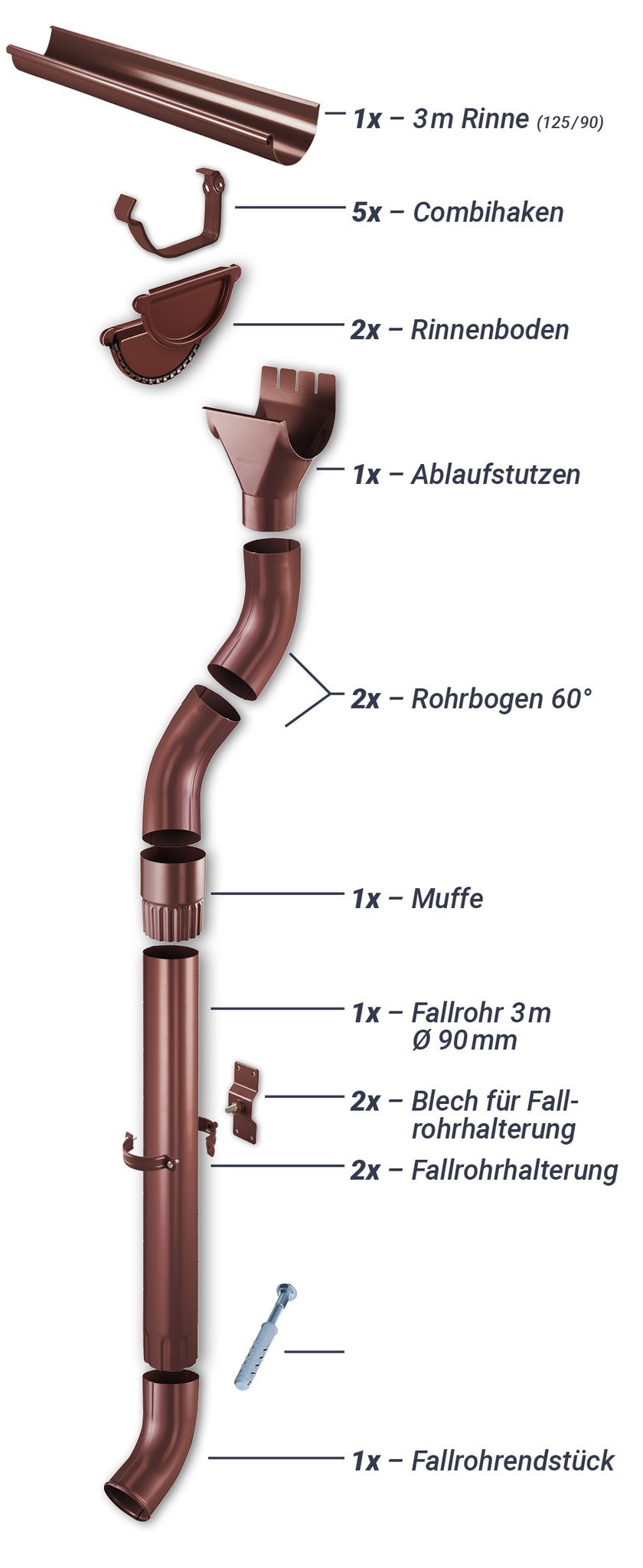 Regenrinnen-set 3,00 M 125/90 Schokoladenbraun Combihaken