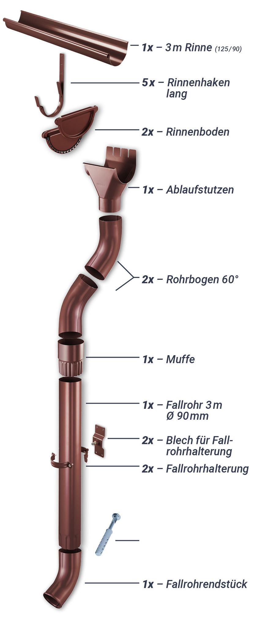 Regenrinnen-set 3,00 M 125/90 Schokoladenbr.rinnenhaken Lang