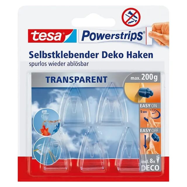 Tesa Powerstrips Deco-Haken Transparent 5 Stück mit 8 x Powerstrips