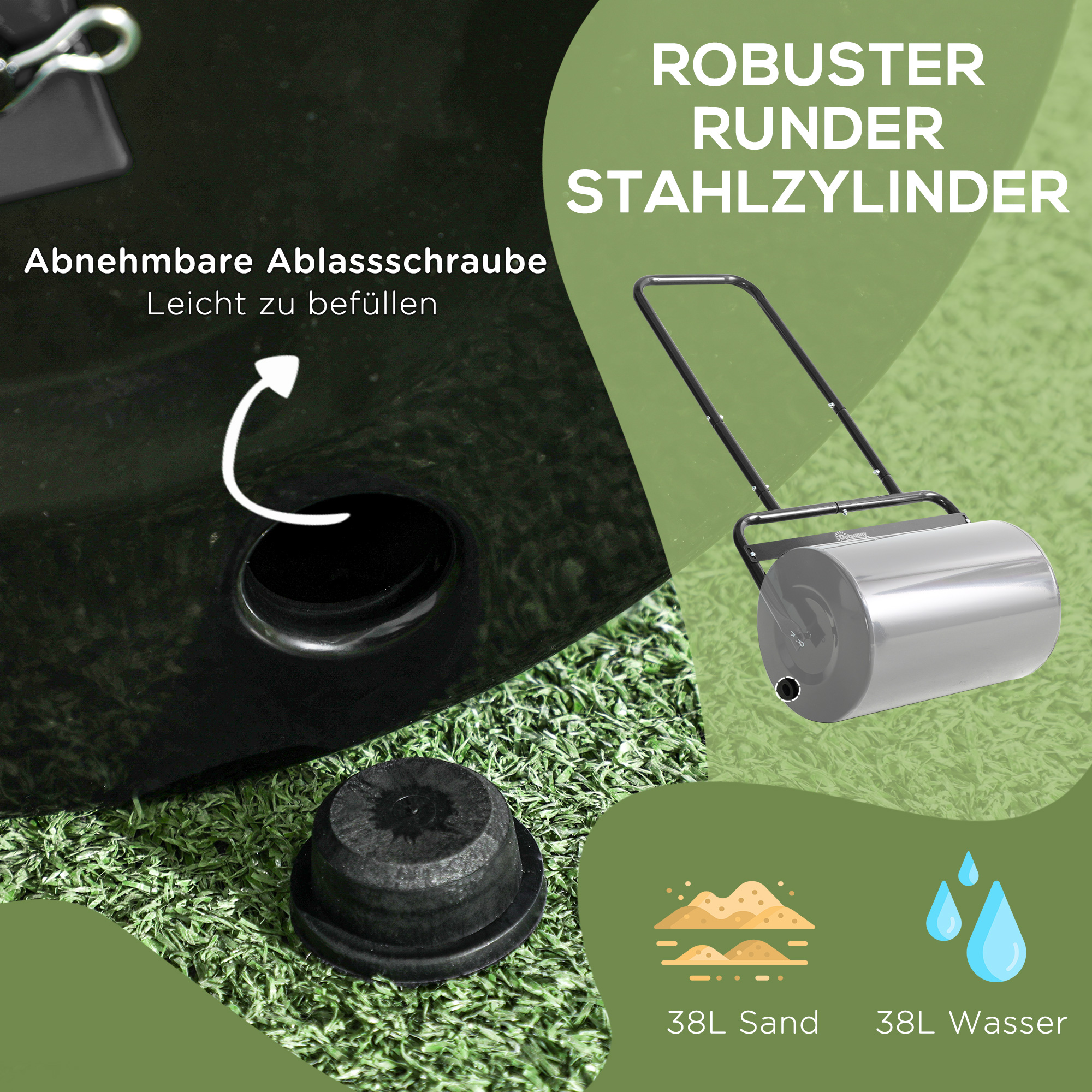 Gartenwalze Mit U-förmigem Griff, Durchmesser 32 Cm, Fassungsvermögen 38 L Wasser/62 Kg Sand, Metall, Schwarz, 58 X 32,5 X 113 Cm.
