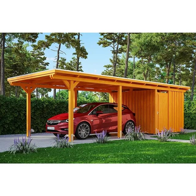 Skan Holz Einzelcarport Leimholz Eiche hell 354 cm x 846 cm mit Abstellraum