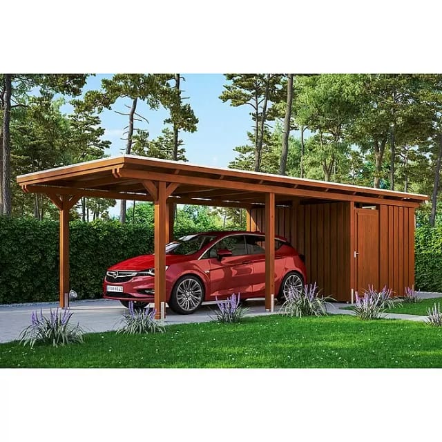 Skan Holz Carport Emsland 354 cm x 846 cm mit Abstellraum Nussbaum