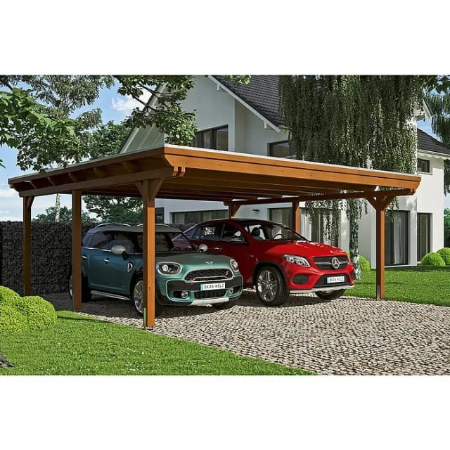 Skan Holz Doppelcarport Leimholz Nussbaum 613 cm x 604 cm