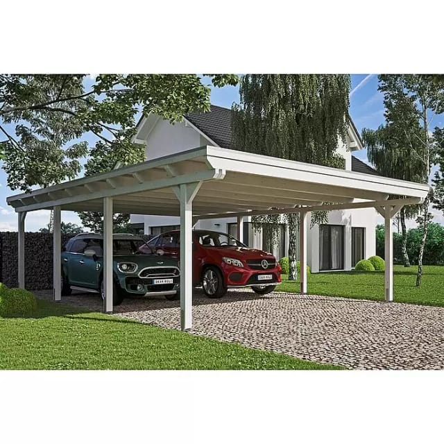 Skan Holz Doppelcarport Leimholz Weiß 613 cm x 846 cm EPDM Dachbahn