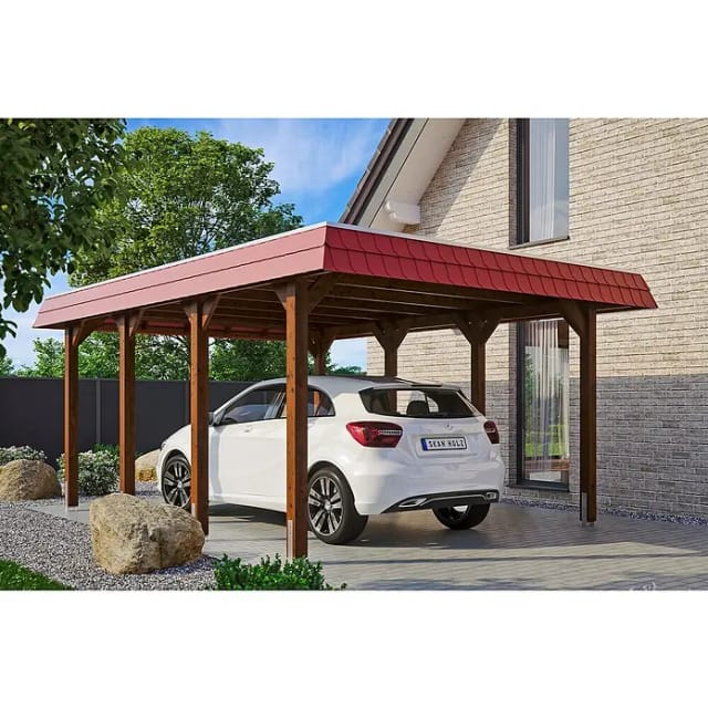 Skan Holz Carport Spreewald 396 cm x 589 cm rote Blende Nussbaum