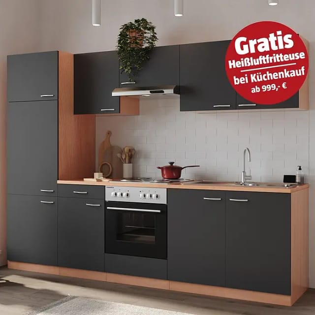 Respekta Küchenzeile KB270BGE 270 cm Grau-Buche Nachbildung