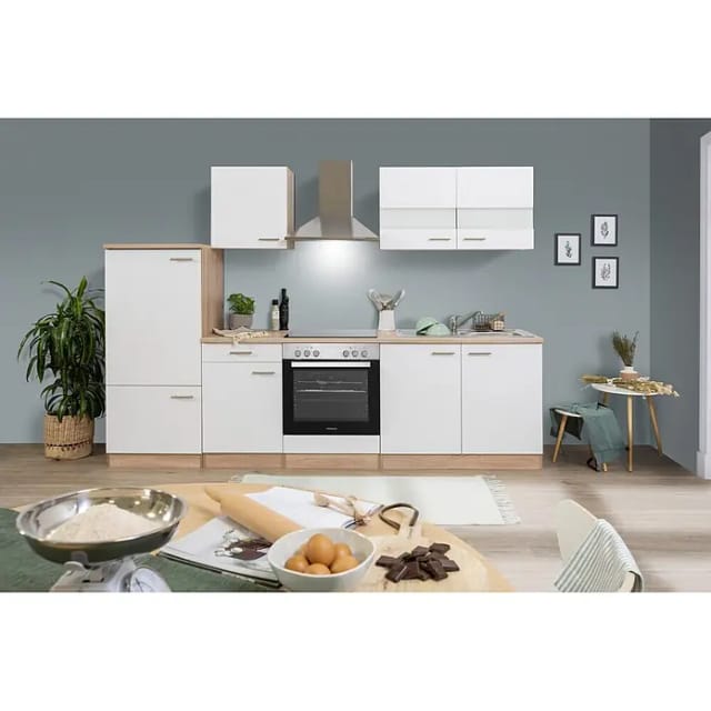 Respekta Küchenzeile KB270ESWC 270 cm Weiß-Eiche Sägerau Nachbildung Glänzend