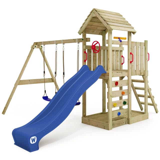 Wickey Spielturm Klettergerüst MultiFlyer Holzdach mit Schaukel & Rutsche in blau