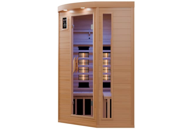Dewello Infrarotkabine Sauna Lakefield 3 120cm x 120cm 2 Personen Vollspektrum & Karbonstrahler Hemlock Tannenholz