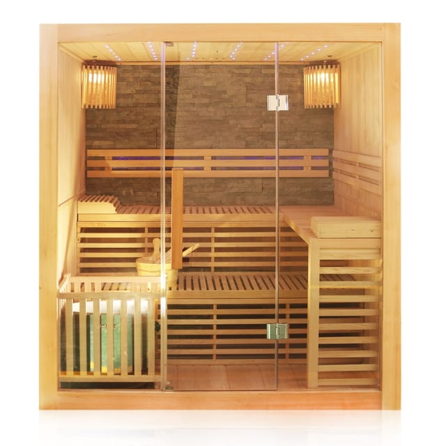Dewello Finnische Traditionelle Sauna Sarnia Plus 180cm x 140cm 2-4 Personen 6 KW Harvia Ofen Aufguss-Set Hemlock