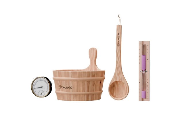Dewello Sauna Zubehoer Set, Saunathermometer Hygrometer Sanduhr Aufguss Eimer & Saunakelle,Saunazubehoer Für Zuhause
