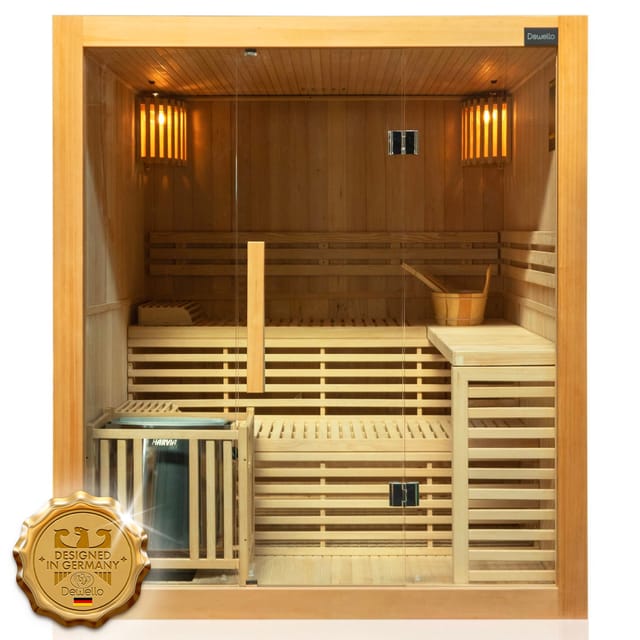Dewello Finnische Traditionelle Sauna Sarnia 180cm x 140cm 2-4 Personen 6 KW Harvia Ofen Aufguss-Set Hemlock