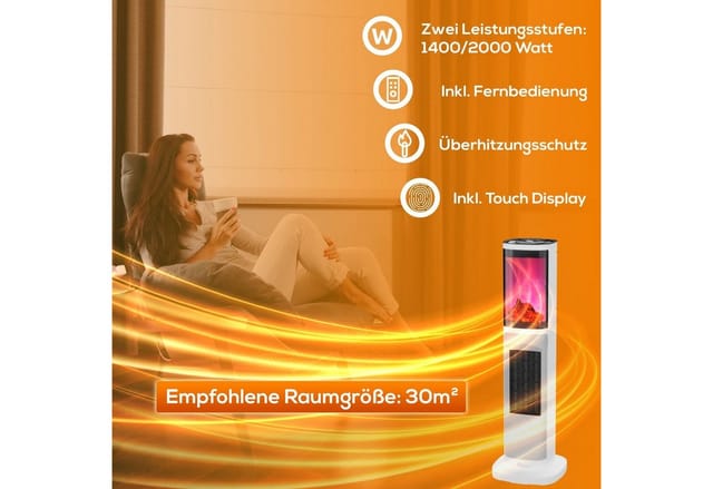 TroniTechnik Turmheizer Keramikelement Heizgerät Flammeneffekt Oszillation 2000W Weiss