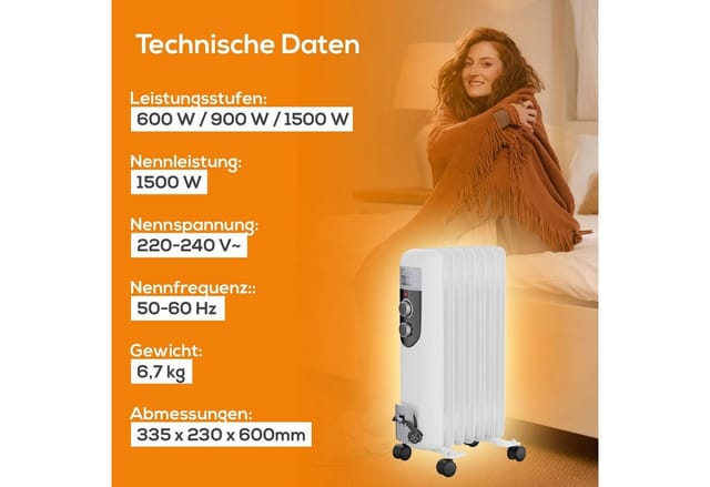 TroniTechnik Ölradiator Elektroheizung TT-OR 107 mit 7 Rippen und 1500 Watt 3 Stufen