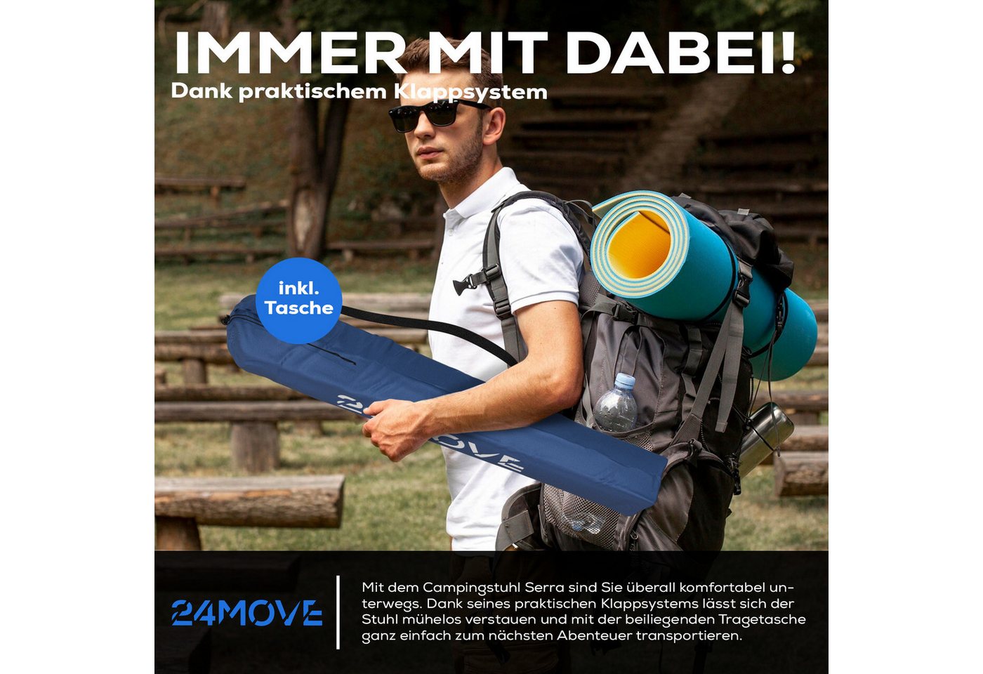 24Move Campingstuhl Faltstuhl Blau Mit Getraenkehalter Tragetasche Outdoor Faltbar Max 100Kg Angerstuhl Klappstuhl