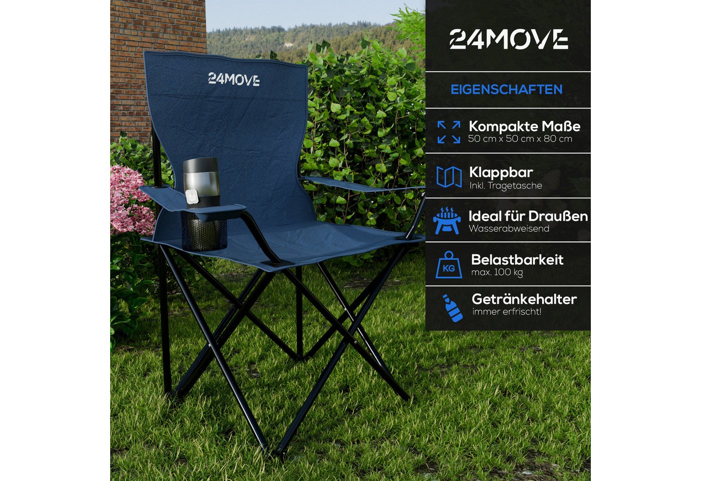 24Move Campingstuhl Faltstuhl Blau Mit Getraenkehalter Tragetasche Outdoor Faltbar Max 100Kg Angerstuhl Klappstuhl Bild 4