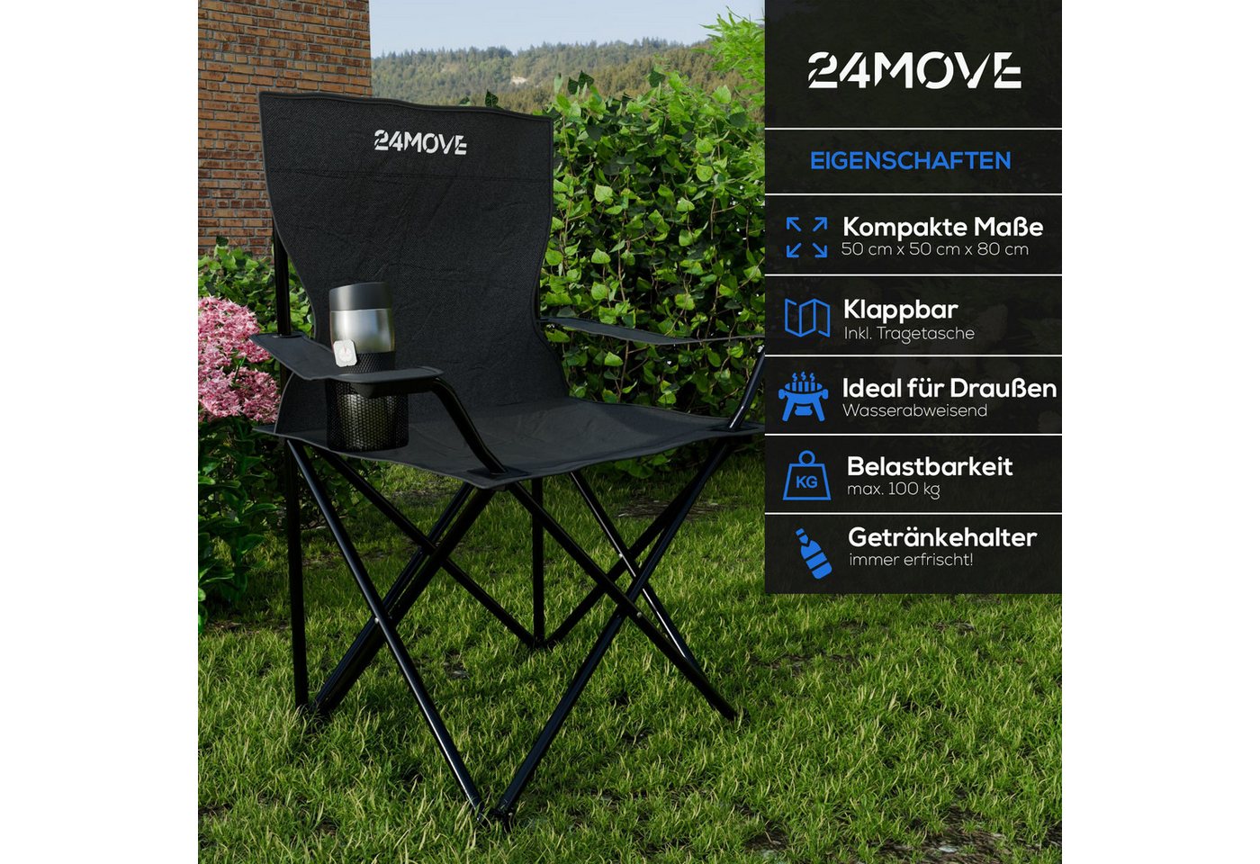 24Move Campingstuhl Faltstuhl Schwarz Getraenkehalter Tragetasche Outdoor Faltbar Max 100Kg Angerstuhl Klappstuhl Bild 3