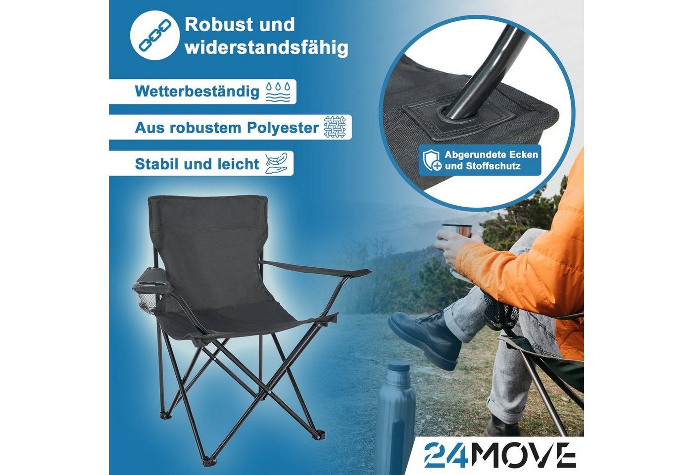 24Move Campingstuhl Faltstuhl Schwarz Getraenkehalter Tragetasche Outdoor Faltbar Max 100Kg Angerstuhl Klappstuhl Bild 4