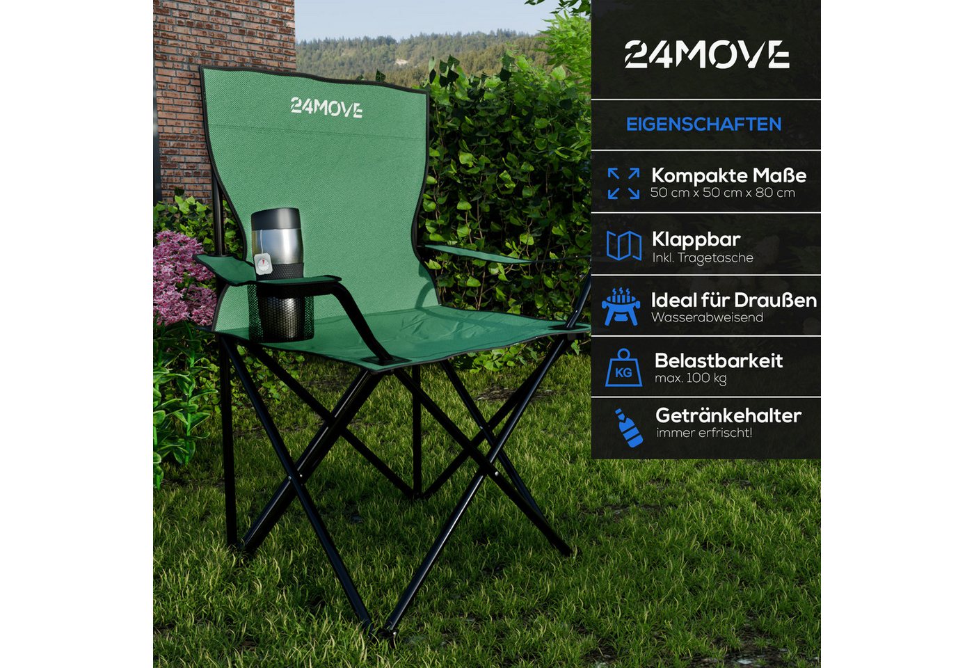 24Move Campingstuhl Faltstuhl Grün Mit Getraenkehalter Tragetasche Outdoor Faltbar Max 100Kg Anglerstuhl Polyester Bild 5