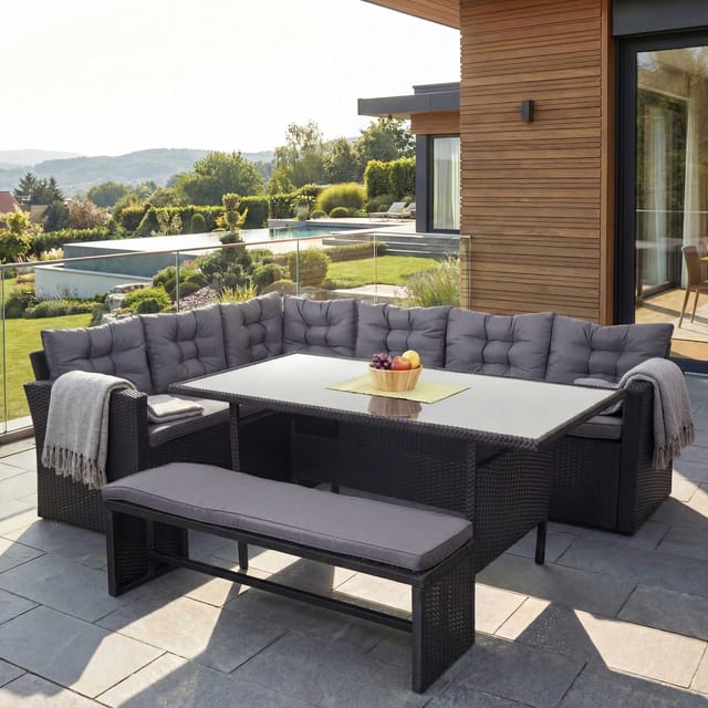 MCW Poly-Rattan-Garnitur A29 mit Bank Kissen Dunkelgrau mit Bank