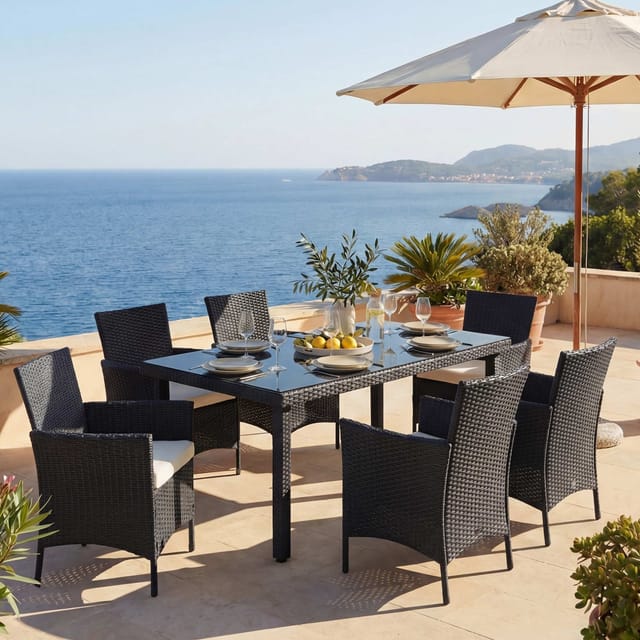 MCW Poly-Rattan-Garnitur Hamar 7-teilig Anthrazit Kissen Creme