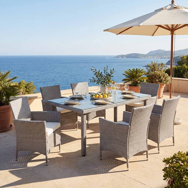MCW Poly-Rattan-Garnitur Hamar 7-teilig Grau Kissen Creme