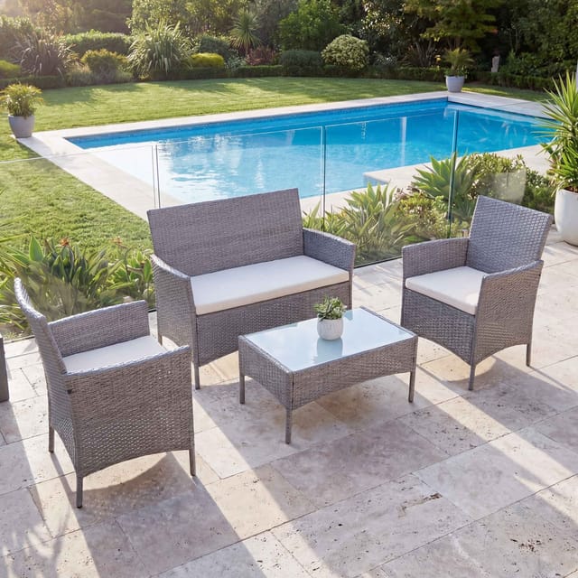 MCW 2-1-1 Poly-Rattan Garten-Garnitur Hamar Grau Kissen Creme