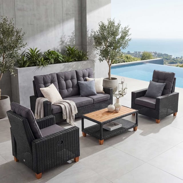 MCW Gartengarnitur G28 Rattan 4-teilig Anthrazit Kissen Grau