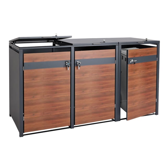 MCW 3er Mülltonnenverkleidung J82 Kirsche-Holzoptik Dunkelbraun 117x200x80cm