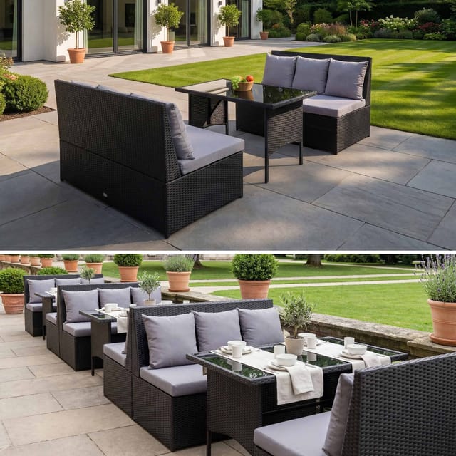 MCW Poly-Rattan Garnitur G16 2x2er Sofa Tisch Schwarz Kissen Hellgrau