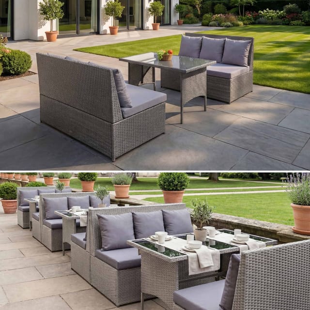 MCW Poly-Rattan Garnitur G16 2x2er Sofa Tisch Grau Kissen Dunkelgrau